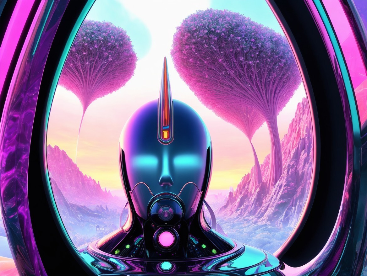 Futuristic Landscape with Humanoid Figure and Trees