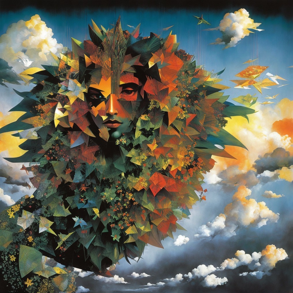 Female Face with Foliage and Dreamlike Sky Art
