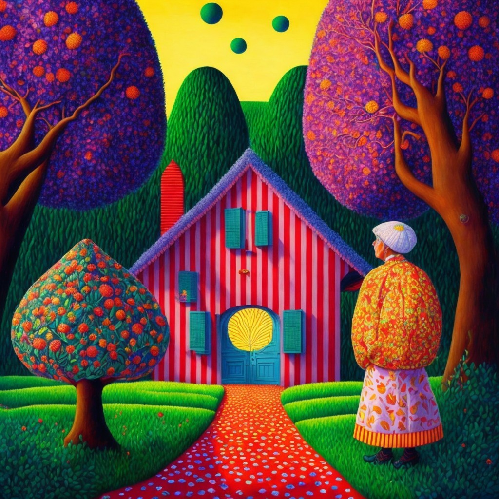 Whimsical Landscape with Striped House and Colorful Trees