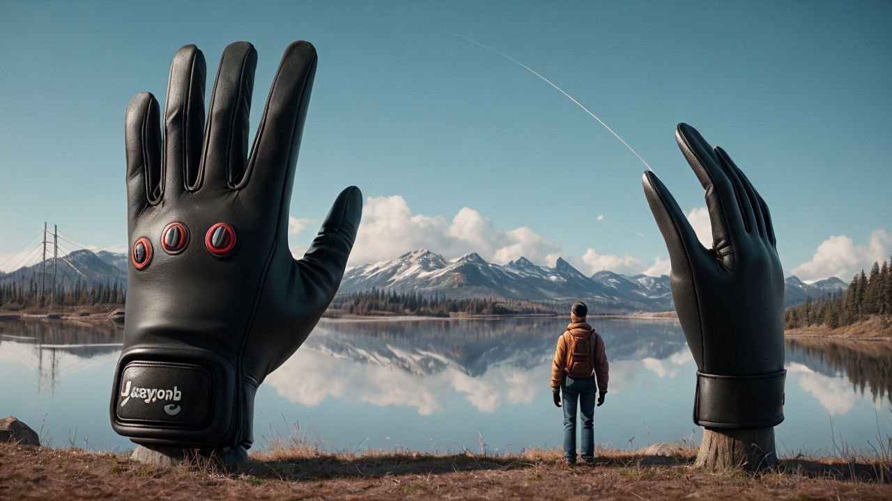 Surreal Landscape with Lake and Giant Gloves