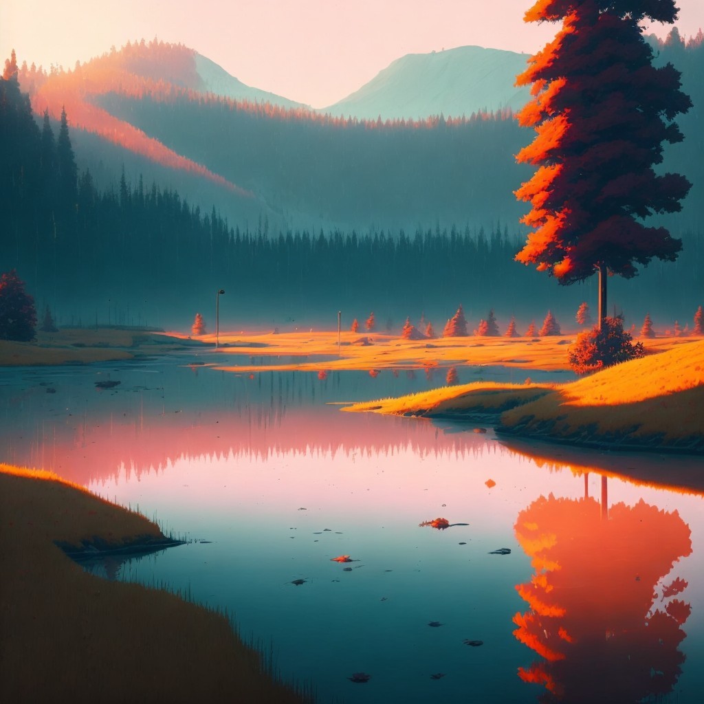 Serene Dawn Landscape with Calm Pond and Mountains