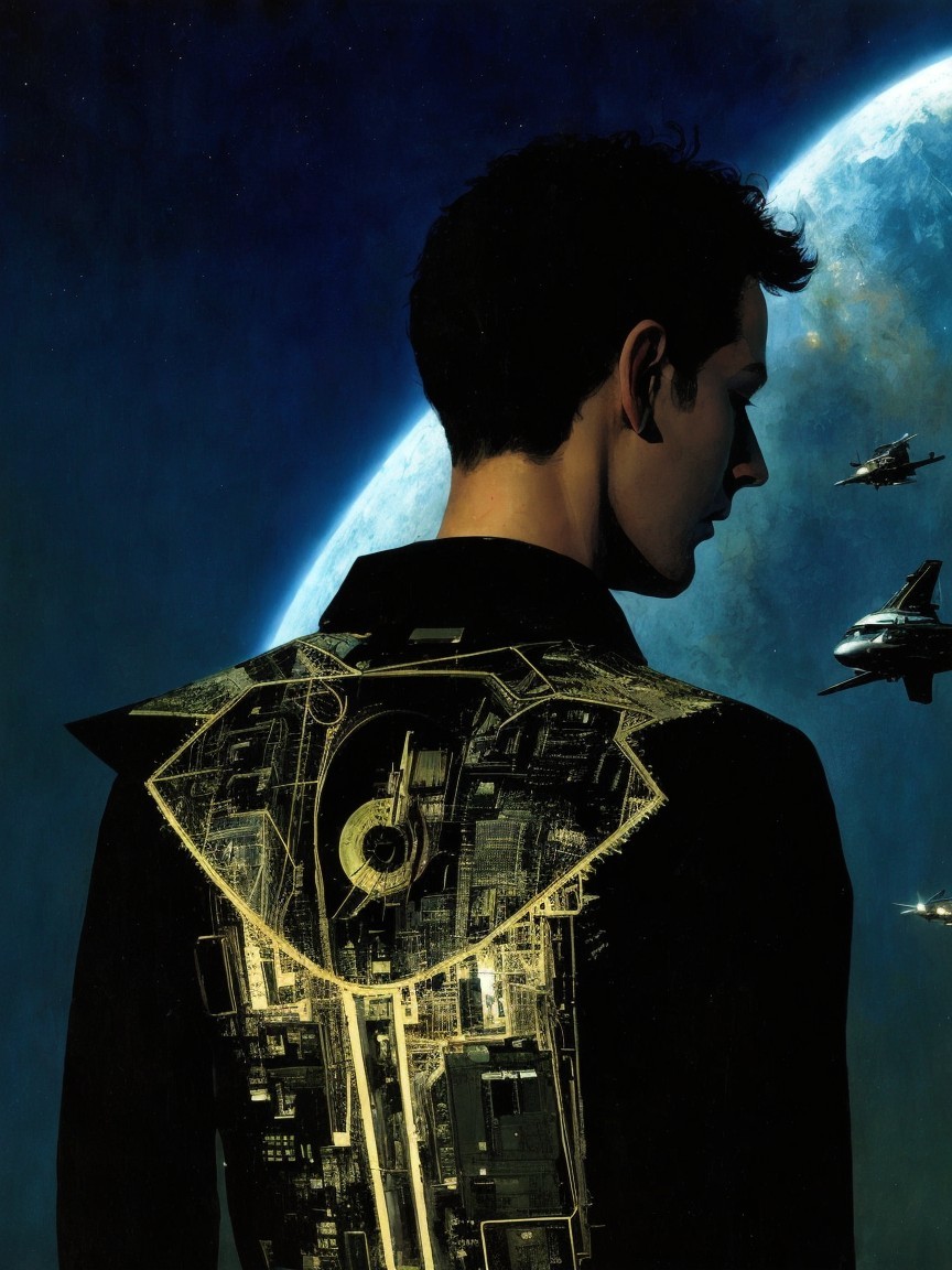 Futuristic Figure in Cosmic Scene with Glowing Design