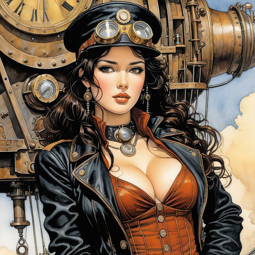 Steampunk Woman in Leather Jacket and Vintage Goggles