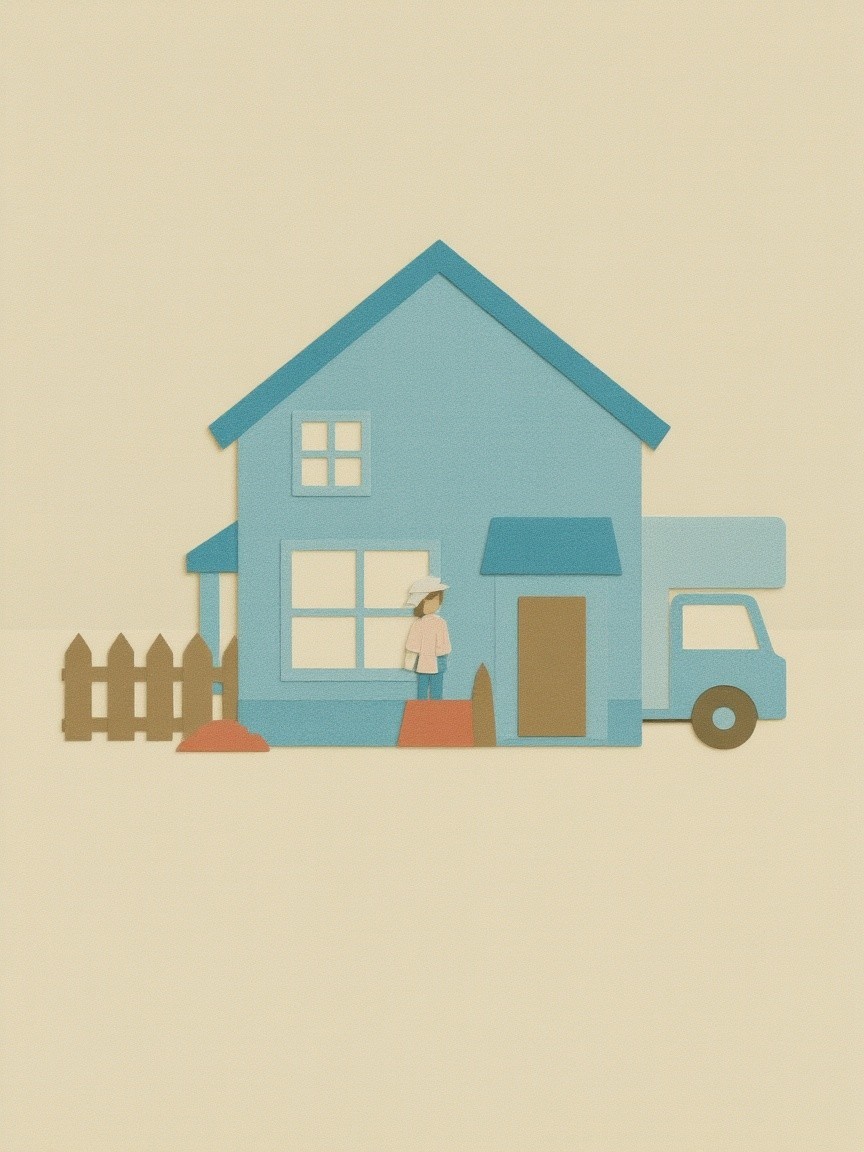 Whimsical Paper Cutout of Blue House and Moving Truck
