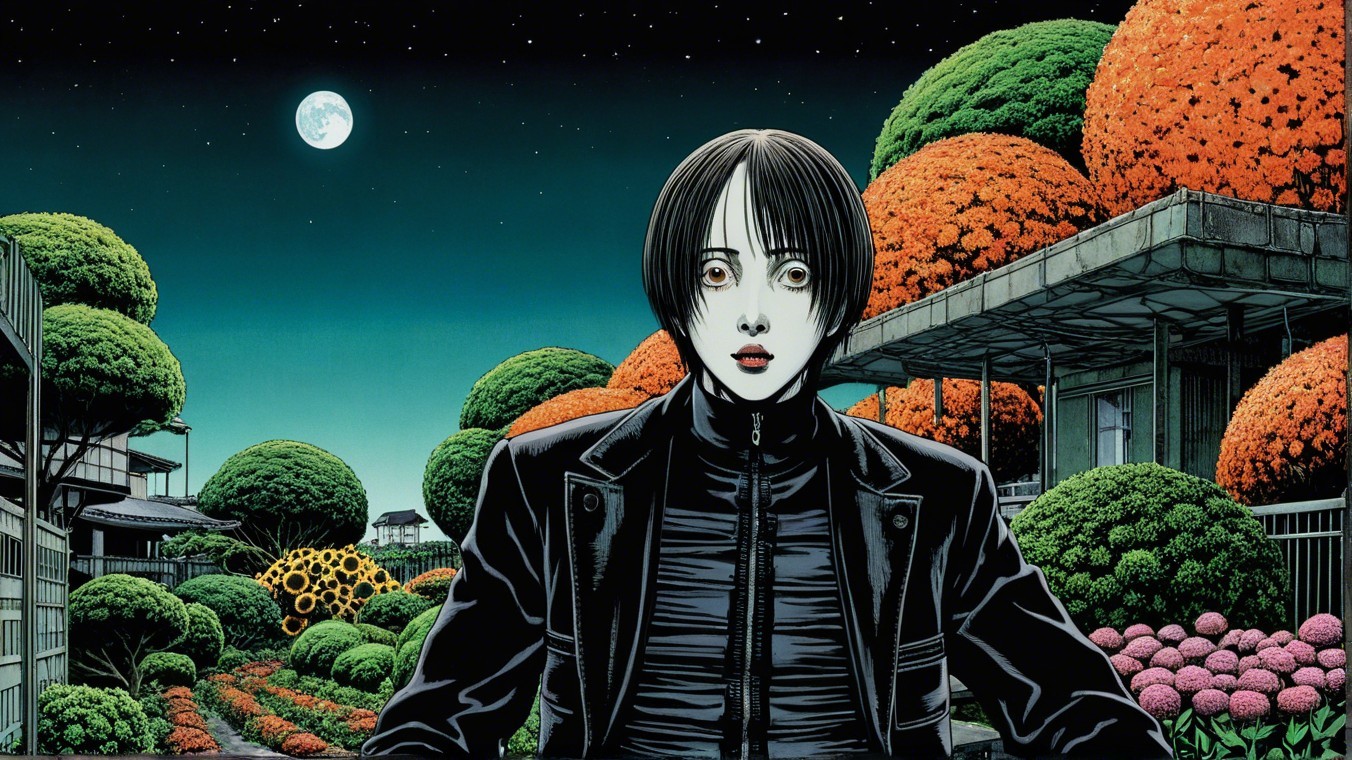 Moonlit Scene with Striking Eyes and Colorful Foliage