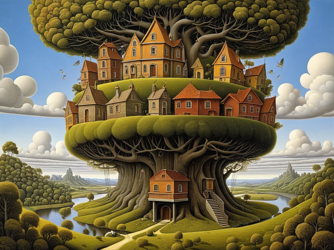 Whimsical Tree Village with Charming Houses and River