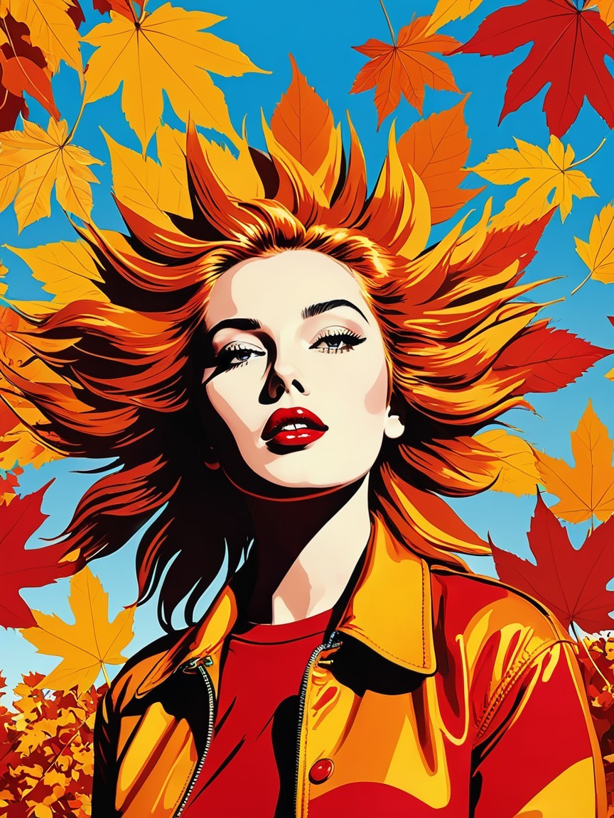 Vibrant Portrait of Woman with Red Hair and Autumn Leaves