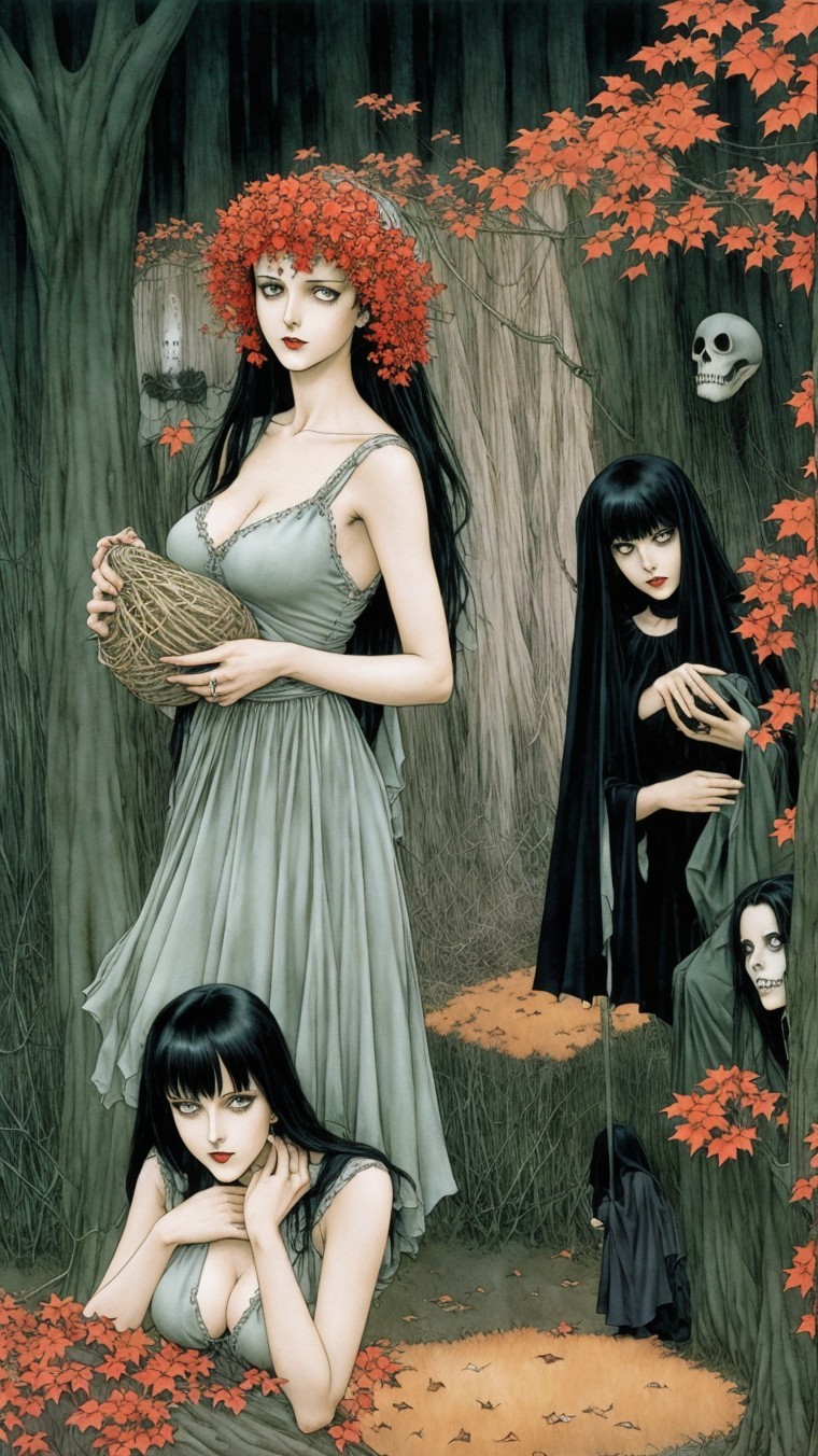 Mysterious Women in a Haunting Forest Scene