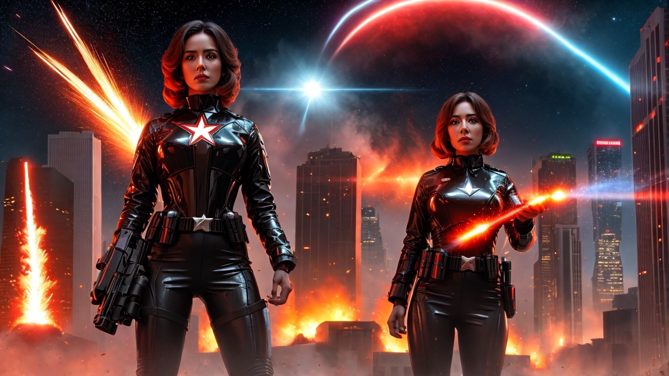 Action-hero figures in black outfits with red stars