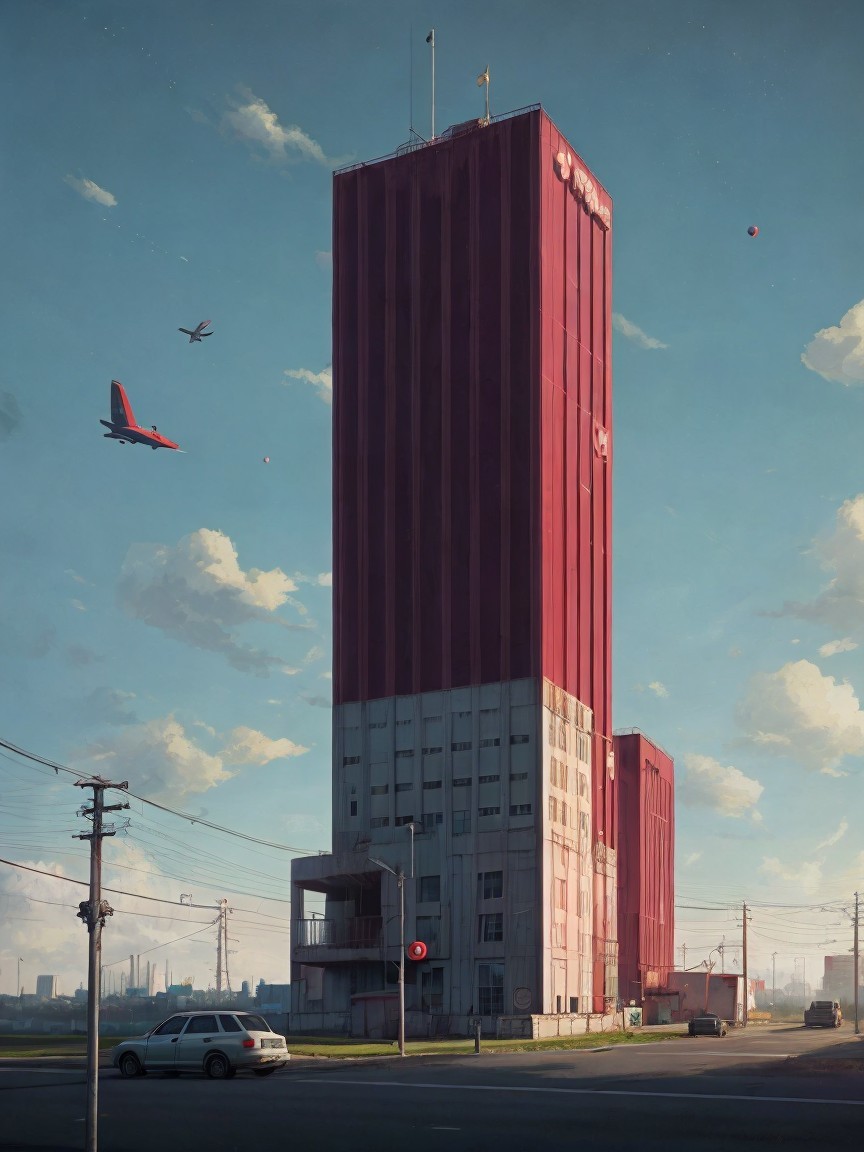 Red Building Against Blue Sky with Urban Elements