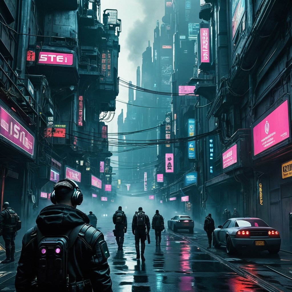 Futuristic urban scene with neon-lit skyscrapers