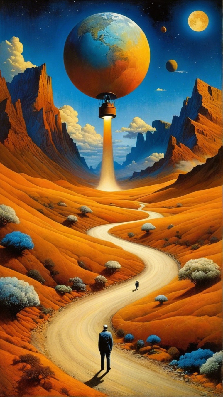 Surreal Landscape with Winding Road and Celestial Bodies