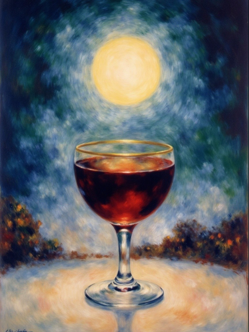 Vibrant Painting of Glass with Dark Beverage and Sunlight