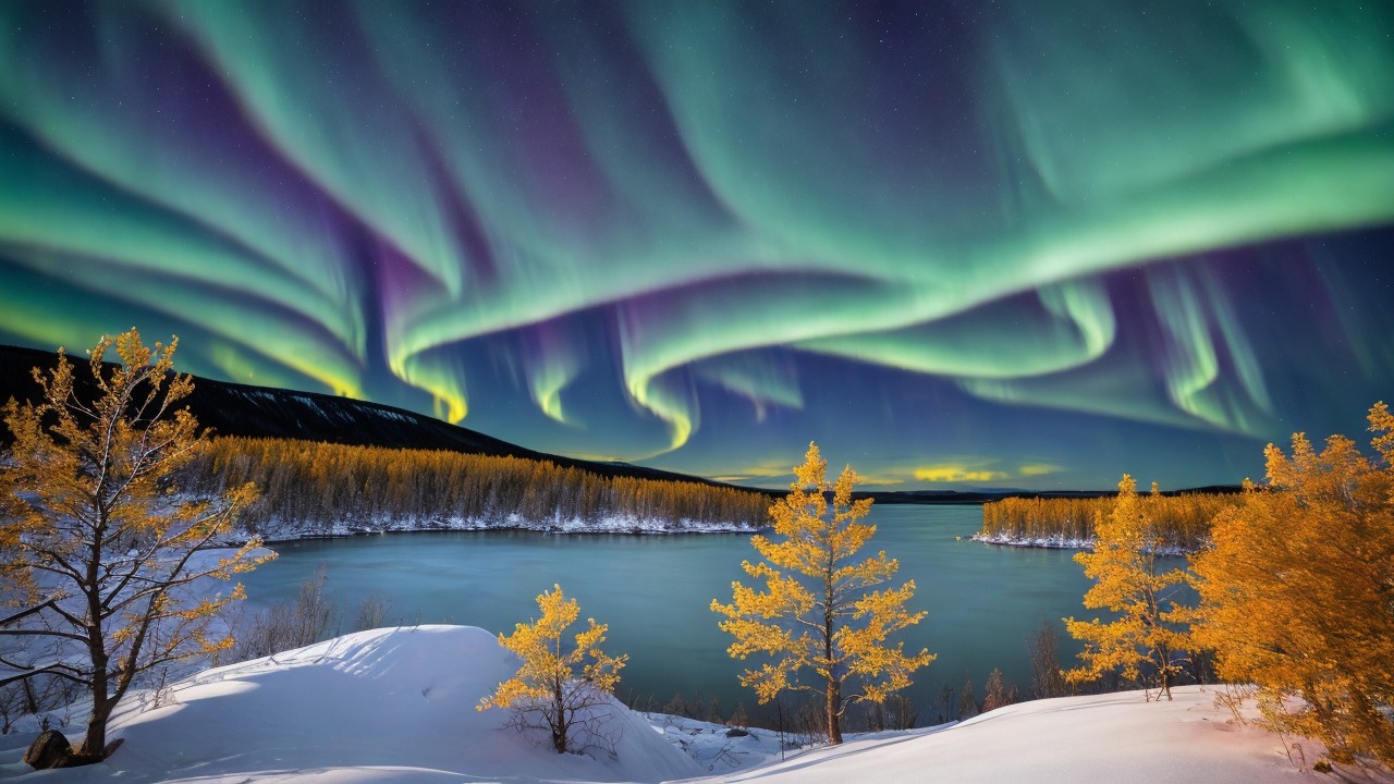 Northern Lights Over Tranquil River with Autumn Trees