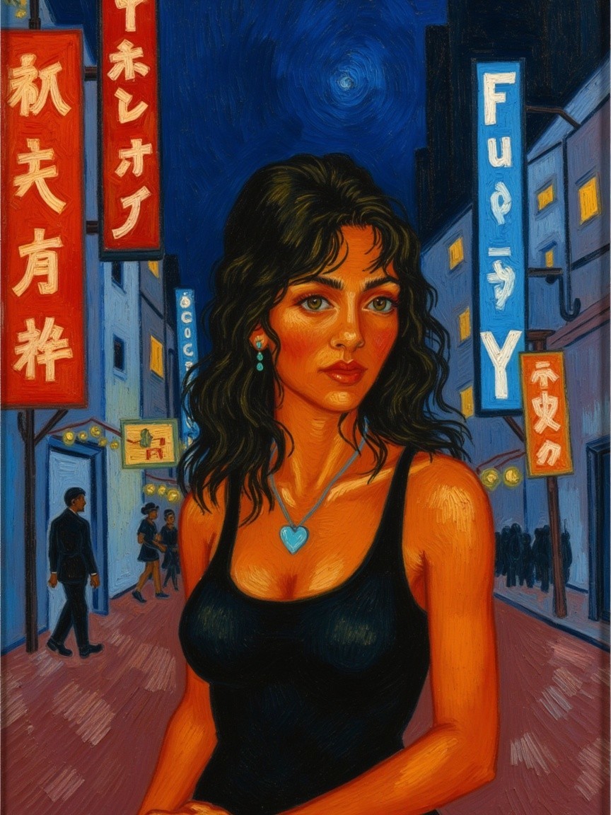 Young Woman at Night with Urban Background Elements