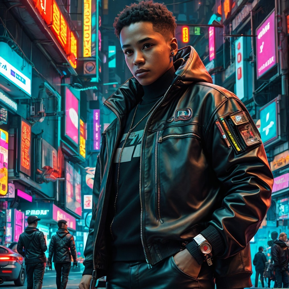 Stylish Individual in Vibrant Neon-Lit Urban Scene