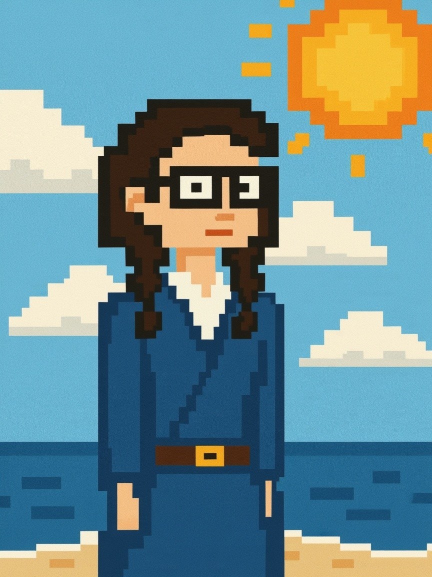 Pixel Art Character on Beach with Blue Ocean Background