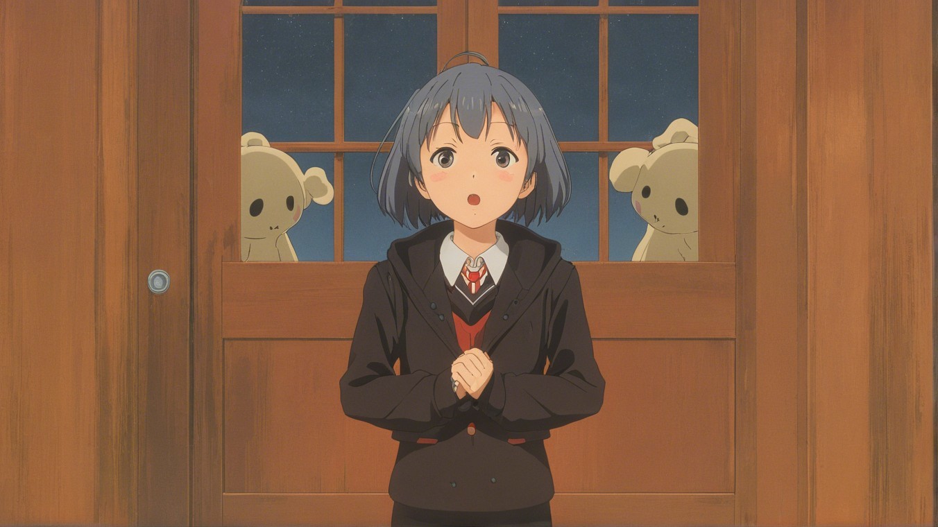 Young girl with grayish-blue hair and koalas at door