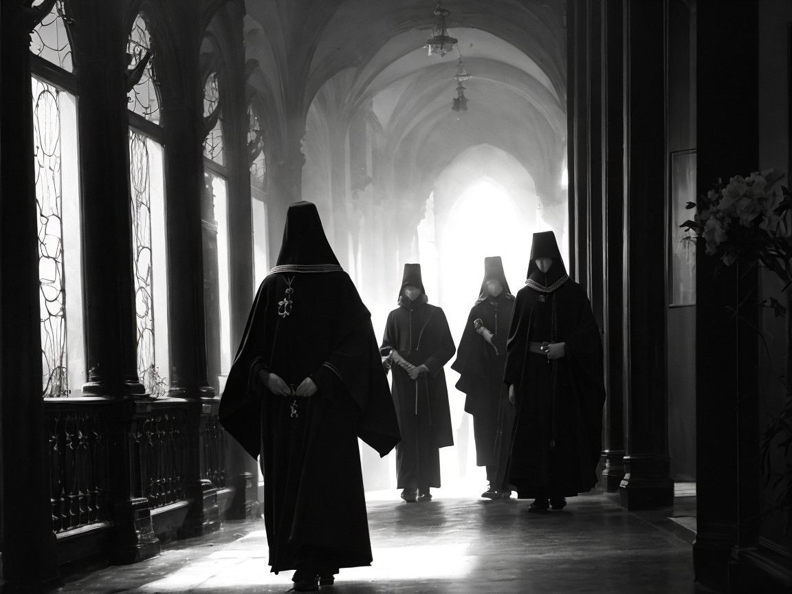 Cloaked Figures in a Dimly Lit Ornate Corridor