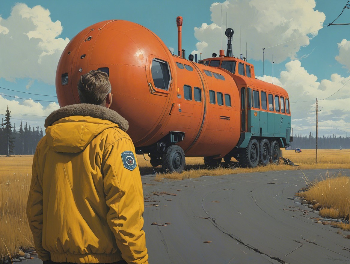 Person in Yellow Jacket Observes Futuristic Vehicle