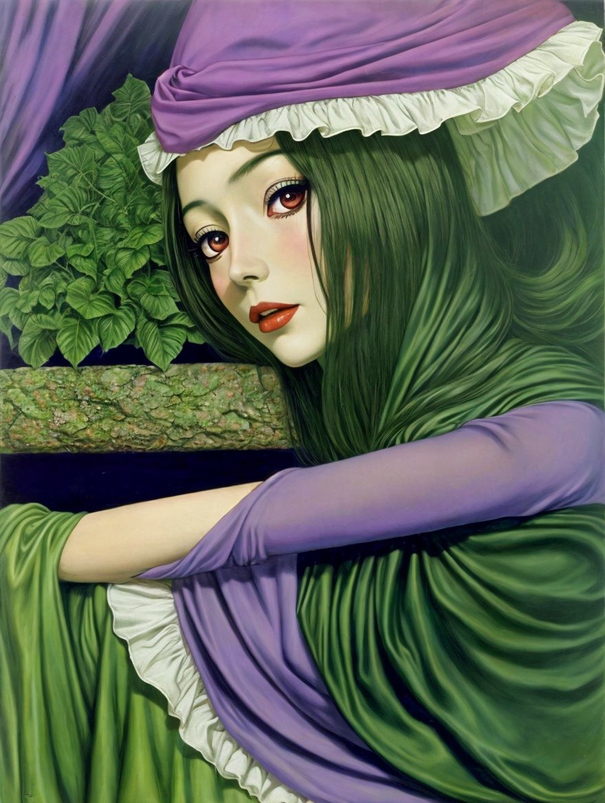 Young Woman in Flowing Green and Purple Garments