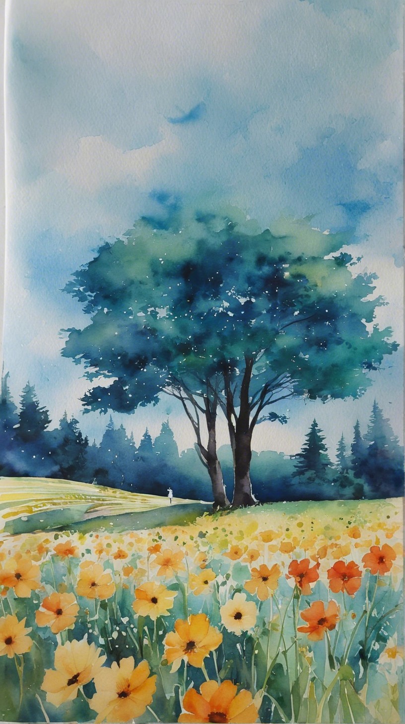Vibrant Watercolor Landscape with Leafy Tree and Flowers