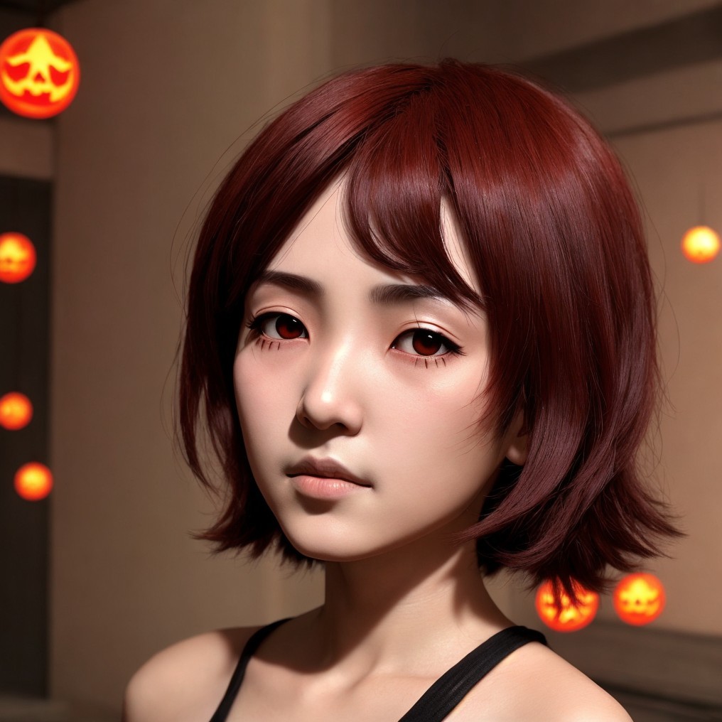 Young woman with burgundy hair and red eyes