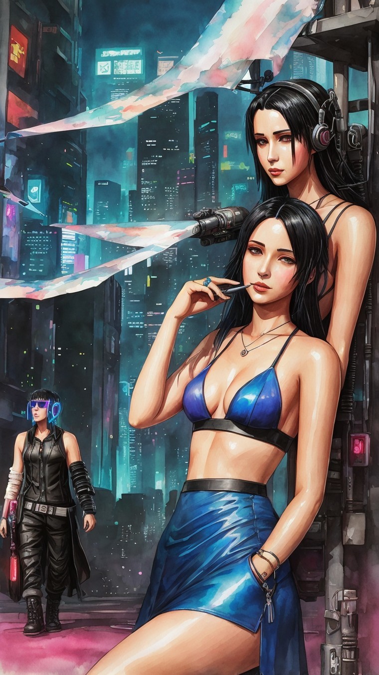 Stylish Women in a Neon Cyberpunk Cityscape