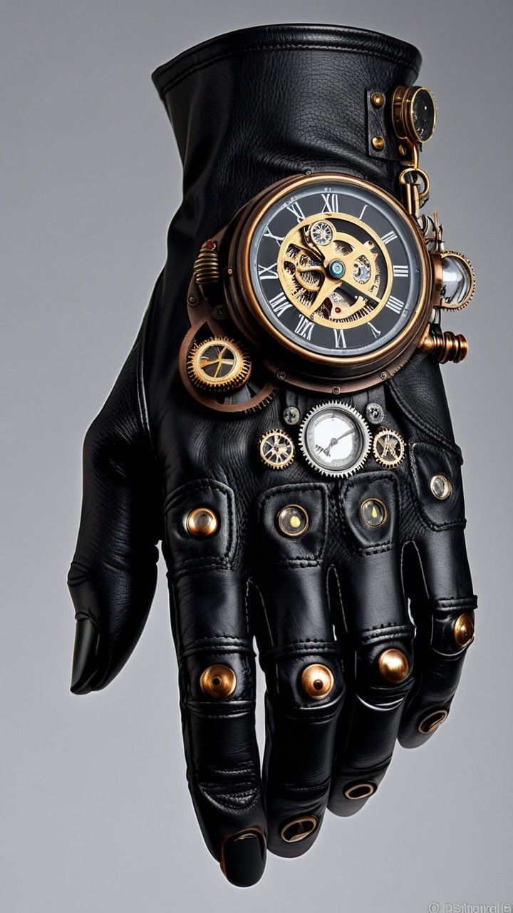 Black Leather Glove with Steampunk Design Elements