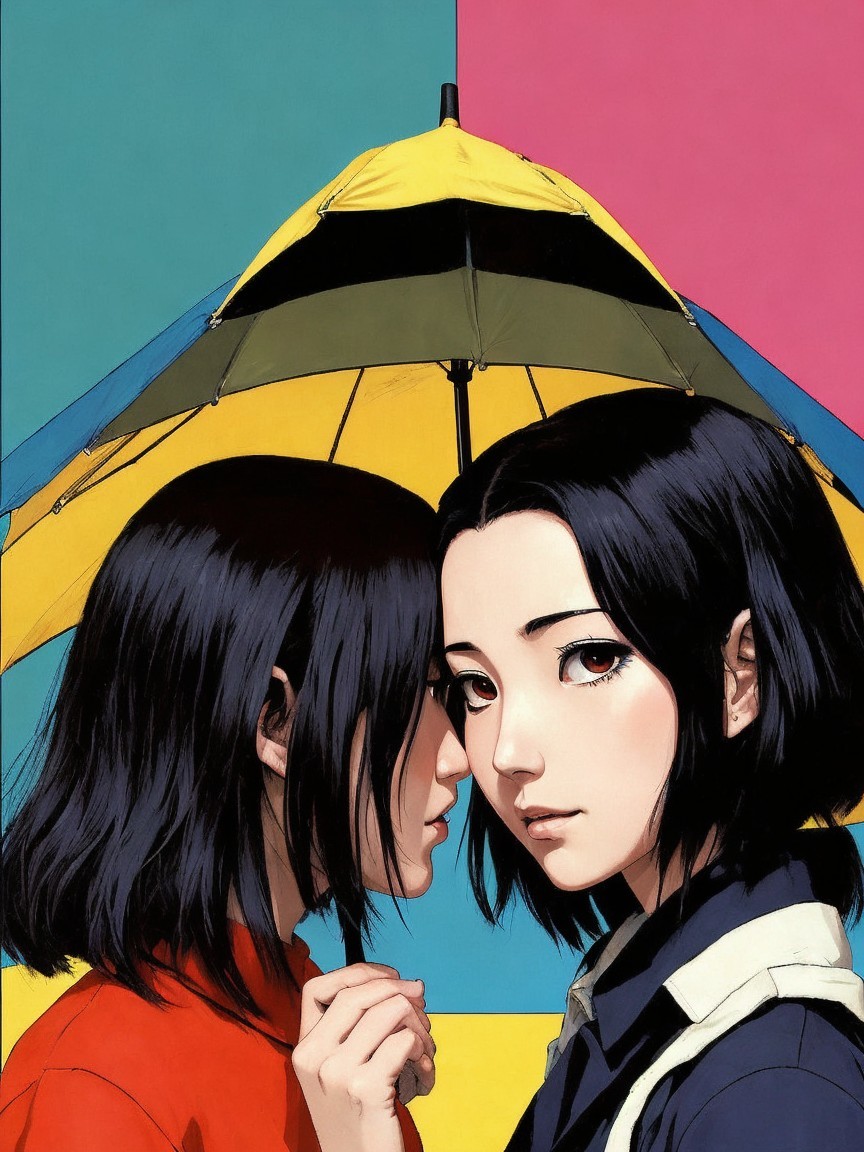 Two Women Under a Vibrant Umbrella in Bold Colors