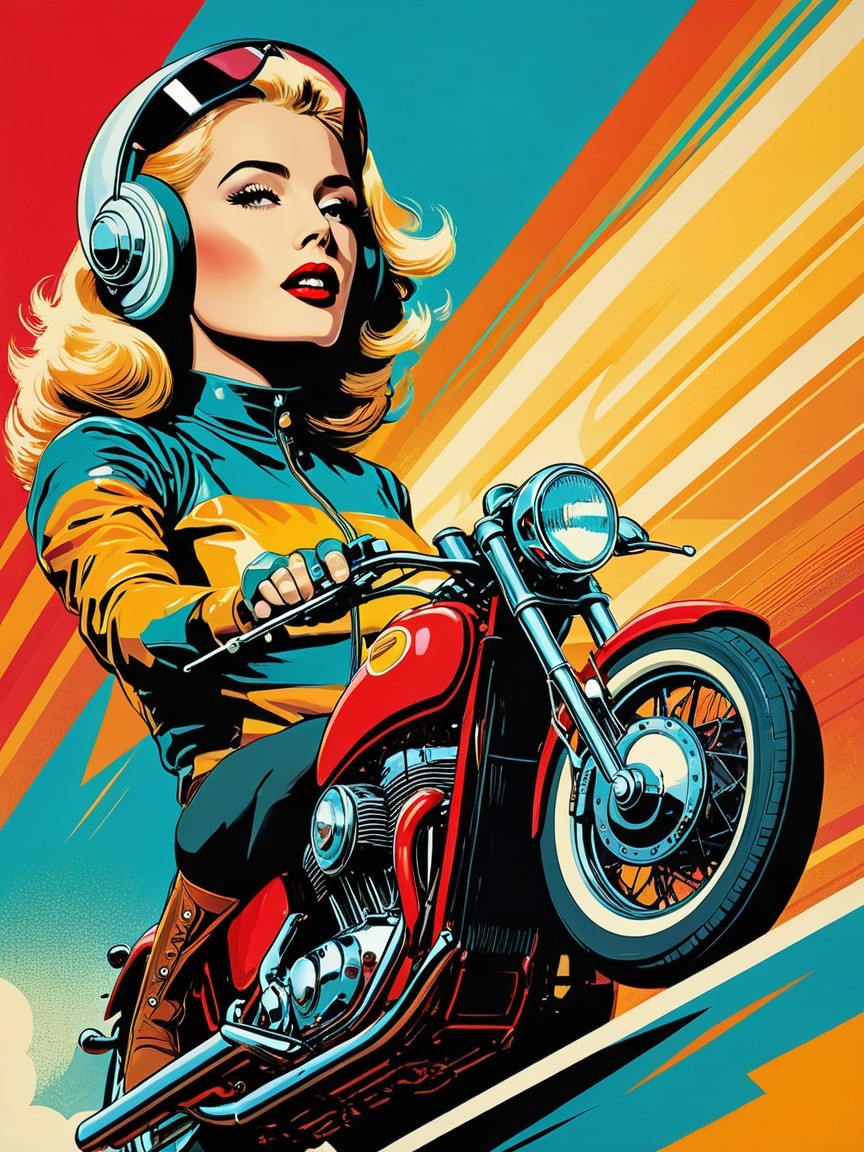 Retro Illustration of Confident Woman on Motorcycle