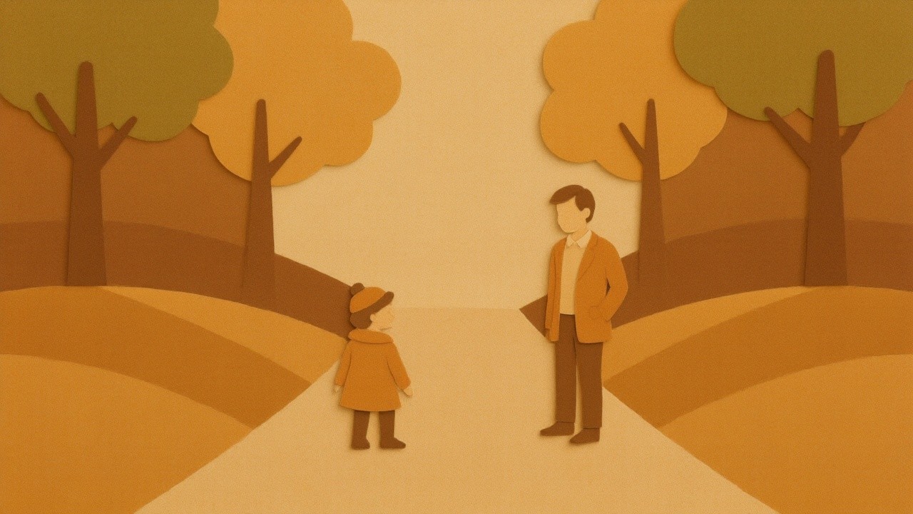 Stylized Paper-Cut Scene of Father and Child in Autumn
