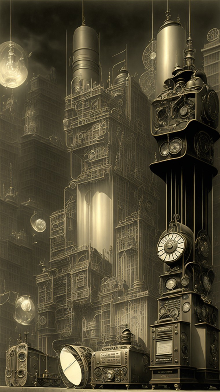 Steampunk Cityscape with Gears and Vintage Clocks