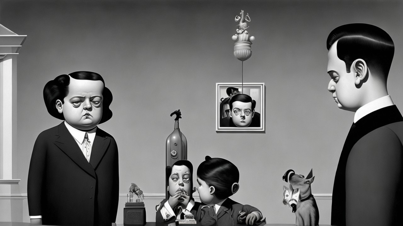 Monochromatic Scene with Four Characters at a Table