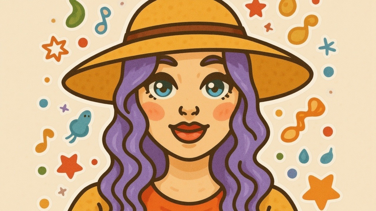 Cheerful character with purple hair and vibrant background