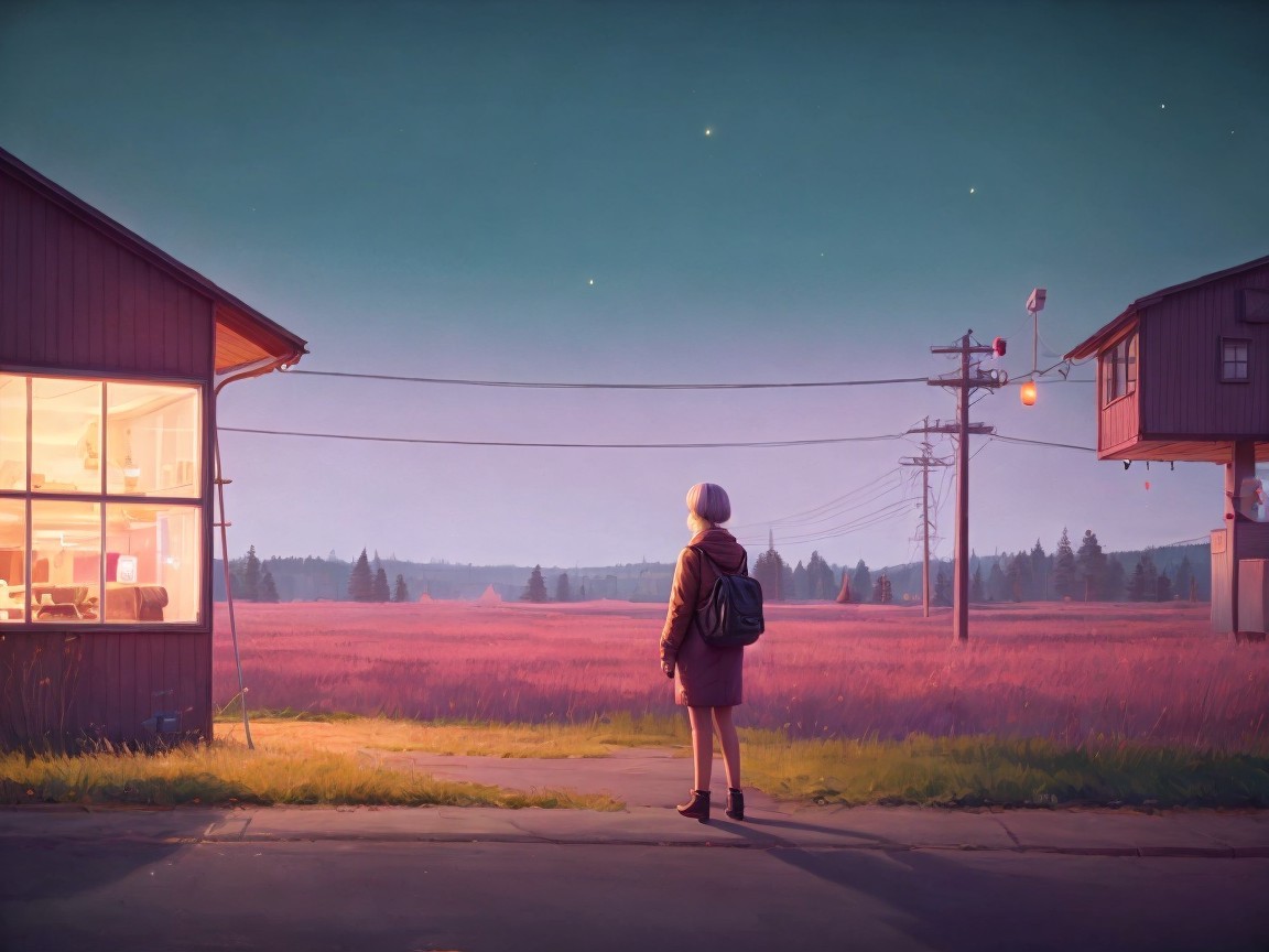 Young girl at twilight by pink grass field