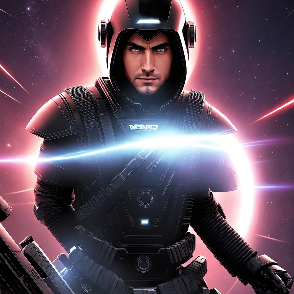 Futuristic astronaut in cosmic setting with weapon