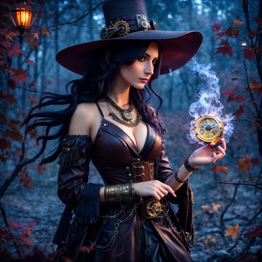 Twilight Forest Scene with Enigmatic Woman and Compass