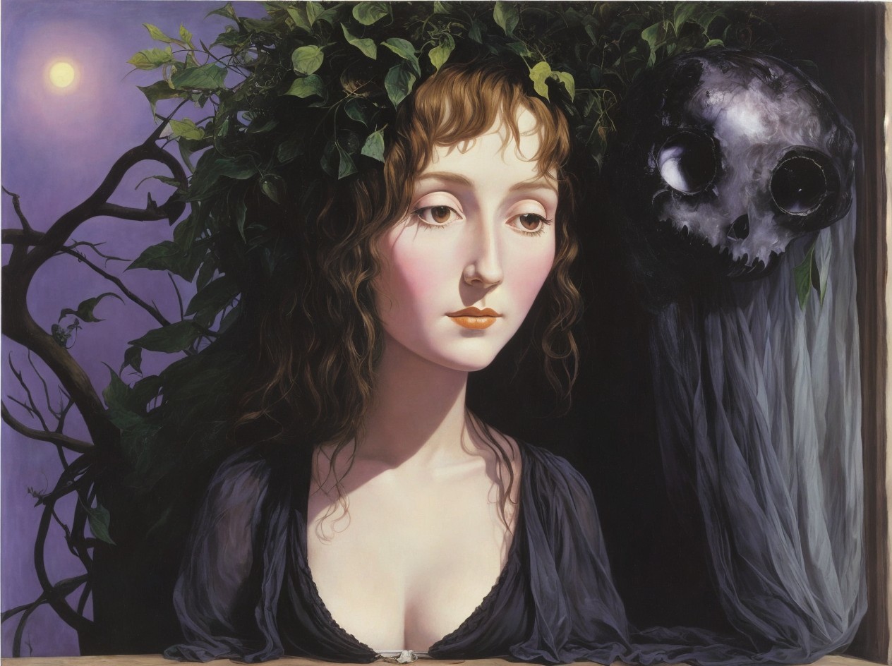 Whimsical Painting of Woman by Dark Window at Night