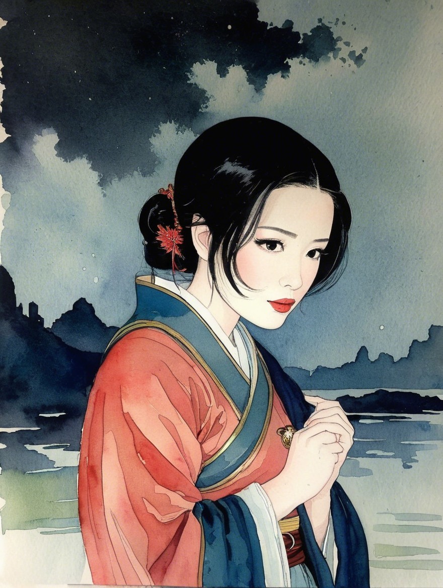 Serene Woman in Traditional Attire with Watercolor Background