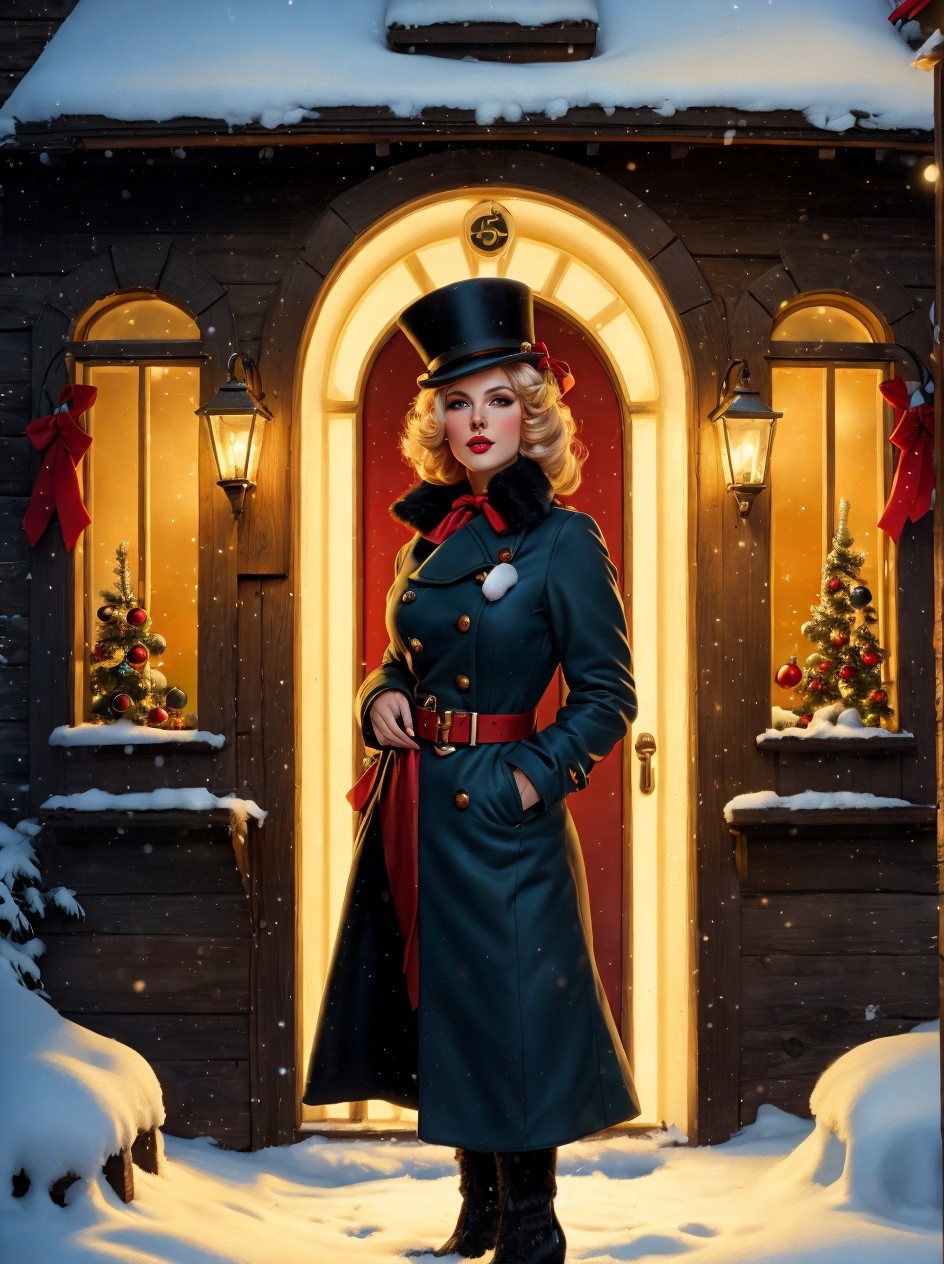 Christmas Woman in Festive Attire by Ornate Doorway