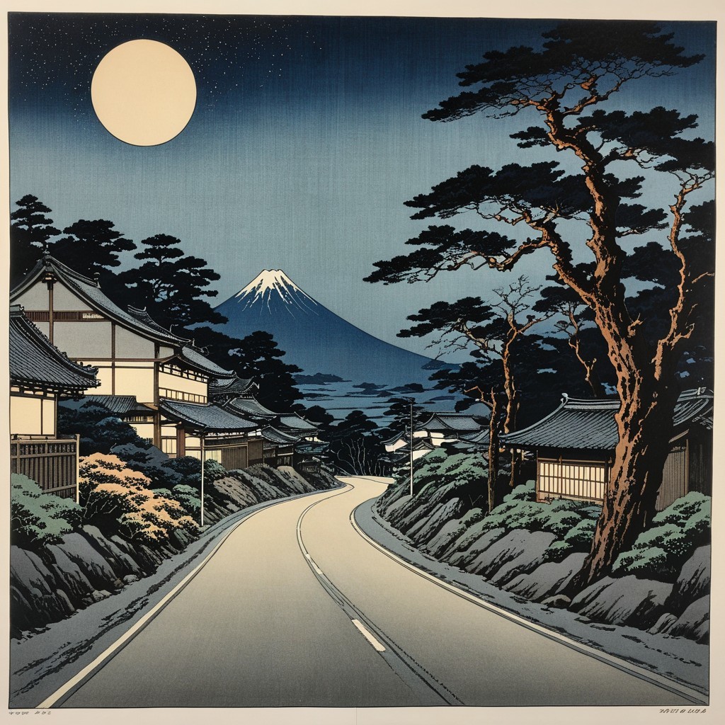 Night Scene with Winding Road and Mountain View