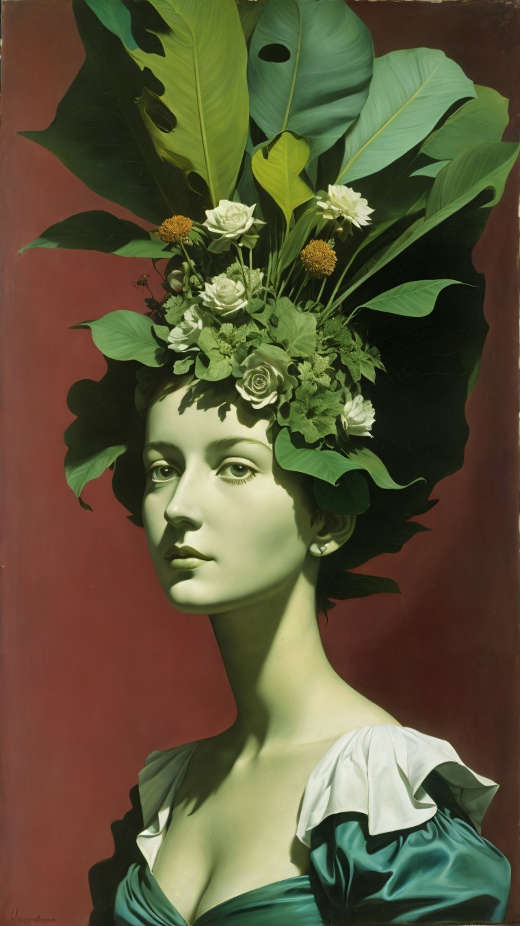 Portrait of a Woman with Floral Crown and Green Dress
