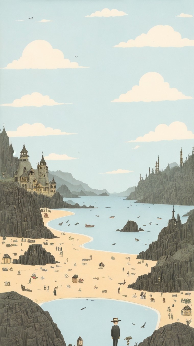 Coastal Landscape with Cliffs and Castles Illustration