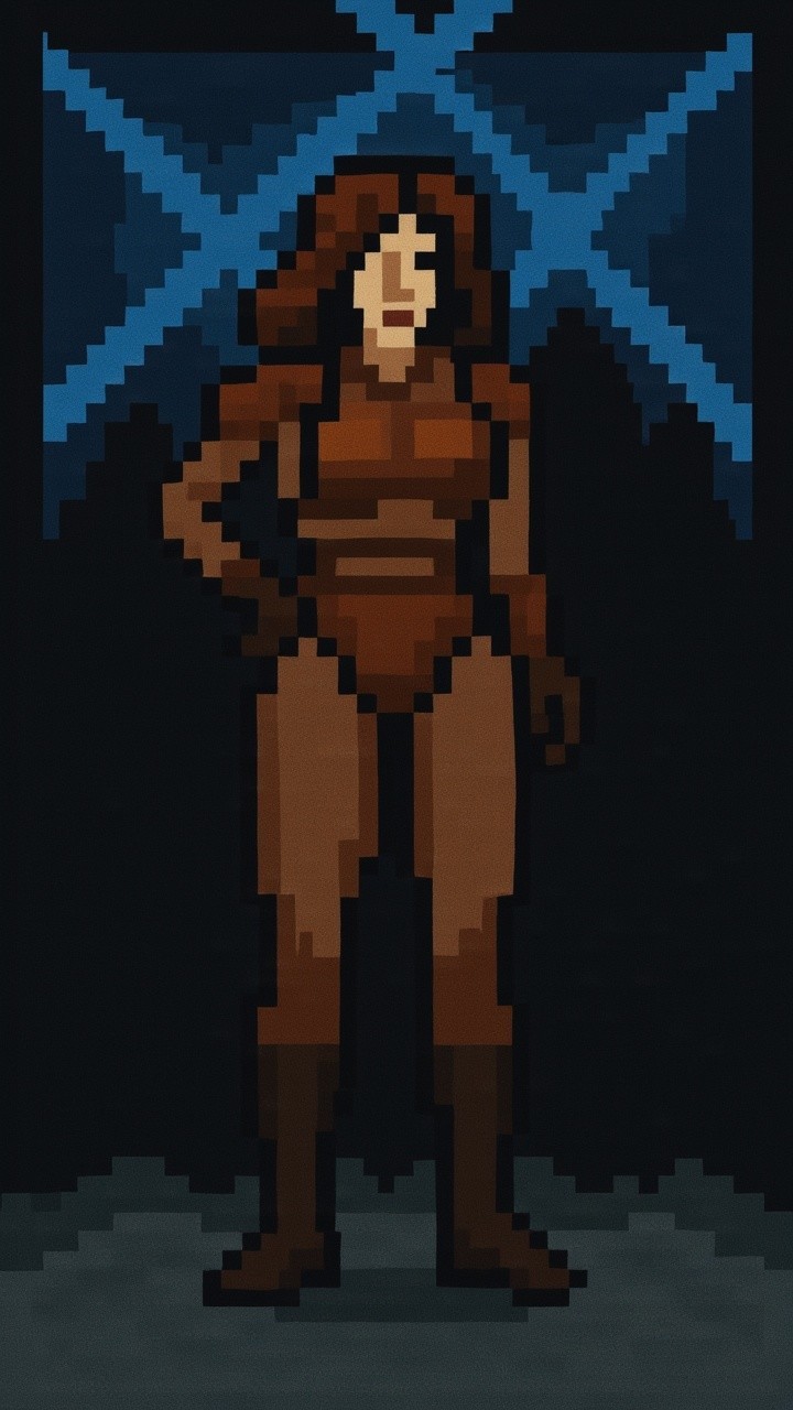 Pixel Art of Strong Female Character in Dark Setting