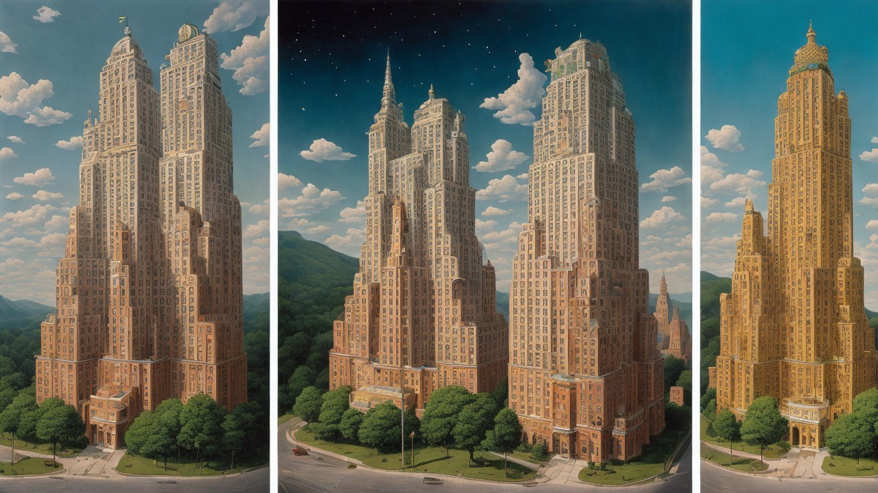 Triptych of Skyscrapers in Vibrant Cityscape