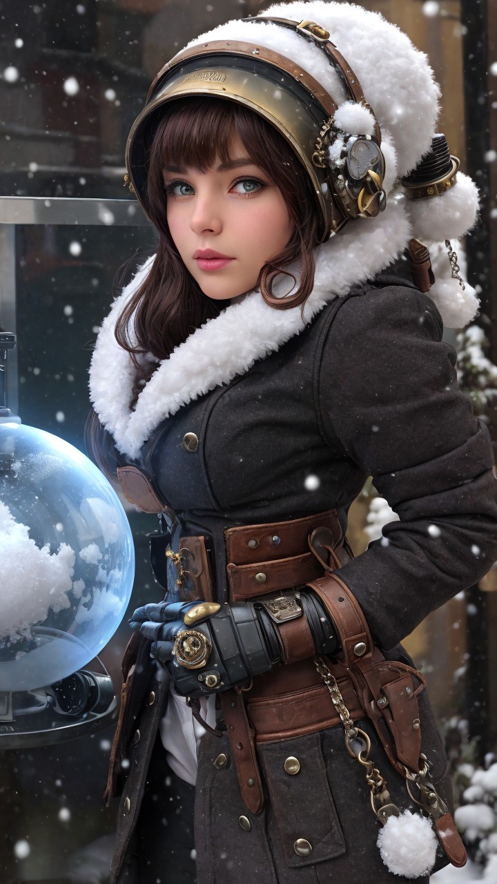 Young Woman in Steampunk Outfit with Snowflakes