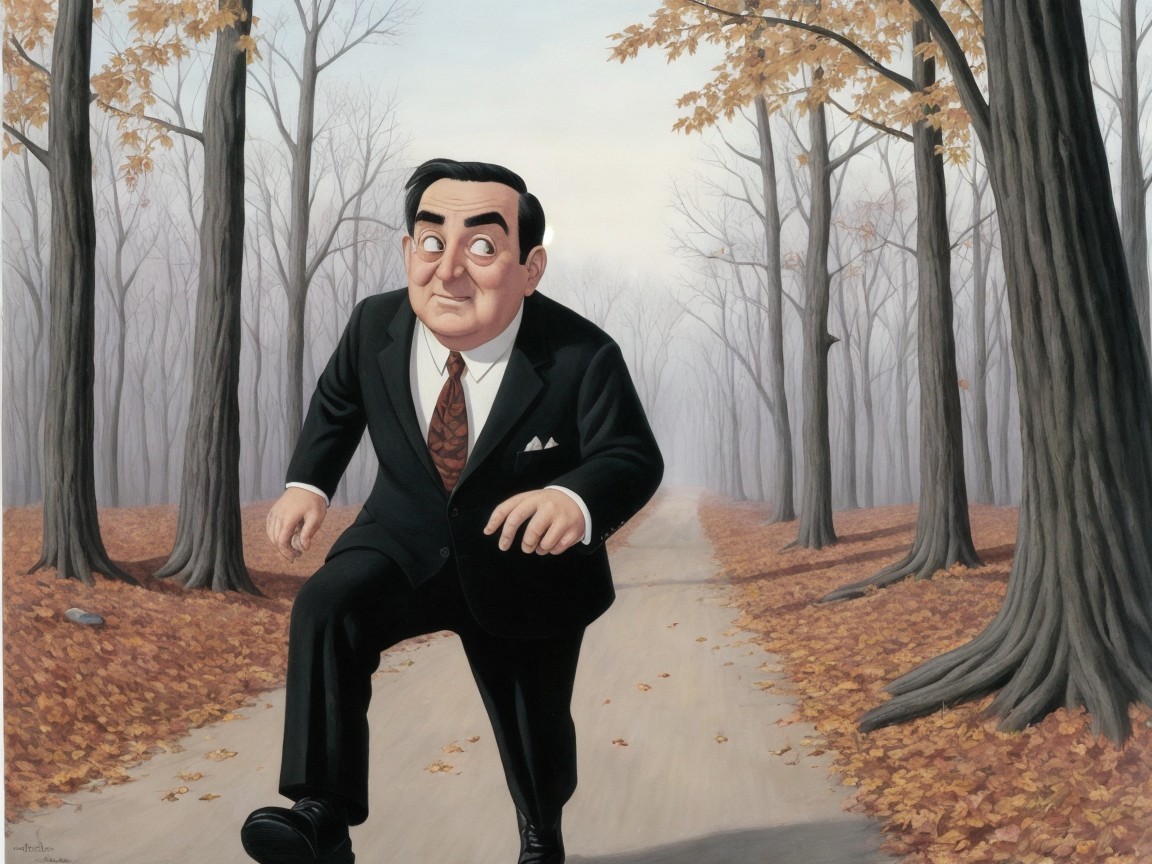 Cartoonish Man in Suit Running on Leaf-Strewn Path
