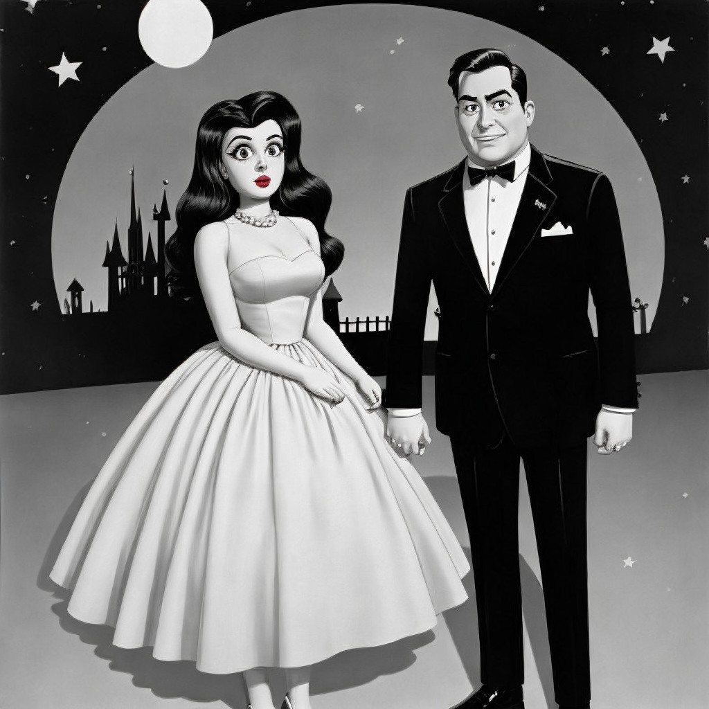 Stylized Black-and-White Cartoon of Glamorous Couple