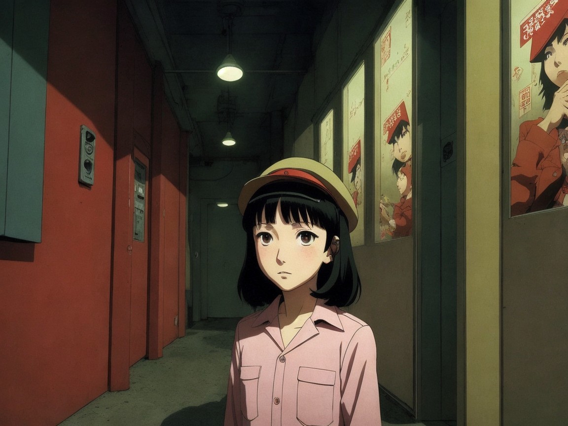 Young girl in corridor with vintage poster doors